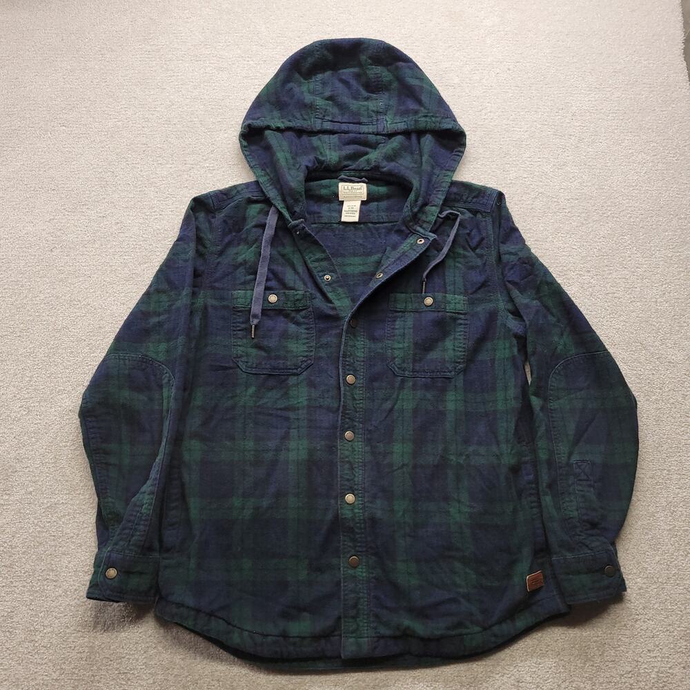 L.L. Bean Men’s Medium Blackwatch Plaid Hooded Flannel Shirt Jacket Snap Front